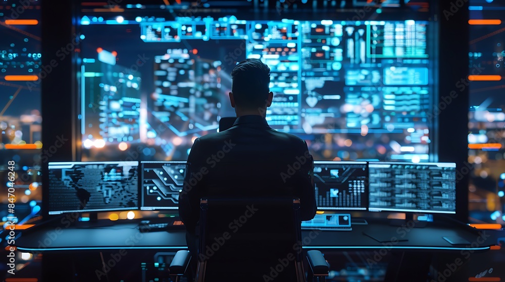 A digital battlefield where algorithms and AI bots engage in simulated cyber warfare under the control of a businessman. A digital battlefield where algorithms and AI bots engage in simulated cyber warfare under the control of a businessman.