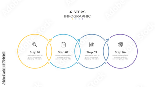 Business outline infographic label design with arrows and marketing icons. Concept of startup development with 4 options.
