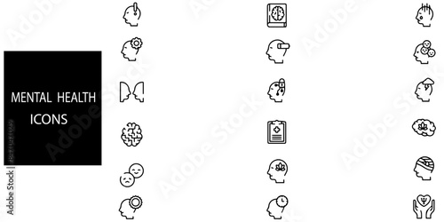 Mental Health Line Editable Icons set.Mental health simple concept 18 icons set.Components of a healthy lifestyle and mental balance.Vector illustration.