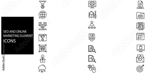 Search Engine Optimization Vector Outline Icons. SEO Elements.Set of marketing icons.Seo and online marketing line icons set.Vector illustration.
