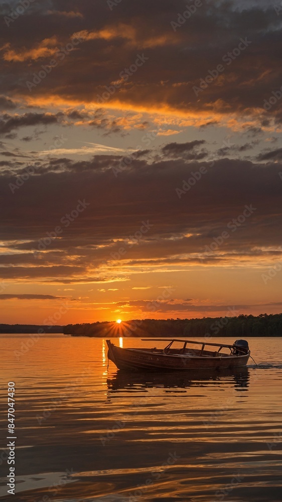 A lone wood boat glides on a calm lake at dusk, reflecting the fiery orange hues of a setting sun A lone wood boat glides on a calm lake at dusk, reflecting the fiery orange hues of a setting sun