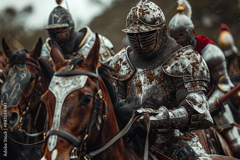 This image presents a detailed and realistic depiction of knights in armor mounted on horses, showcasing their fluid and precise movements as they engage in a dynamic duel This image presents a detailed and realistic depiction of knights in armor mounted on horses, showcasing their fluid and precise movements as they engage in a dynamic duel