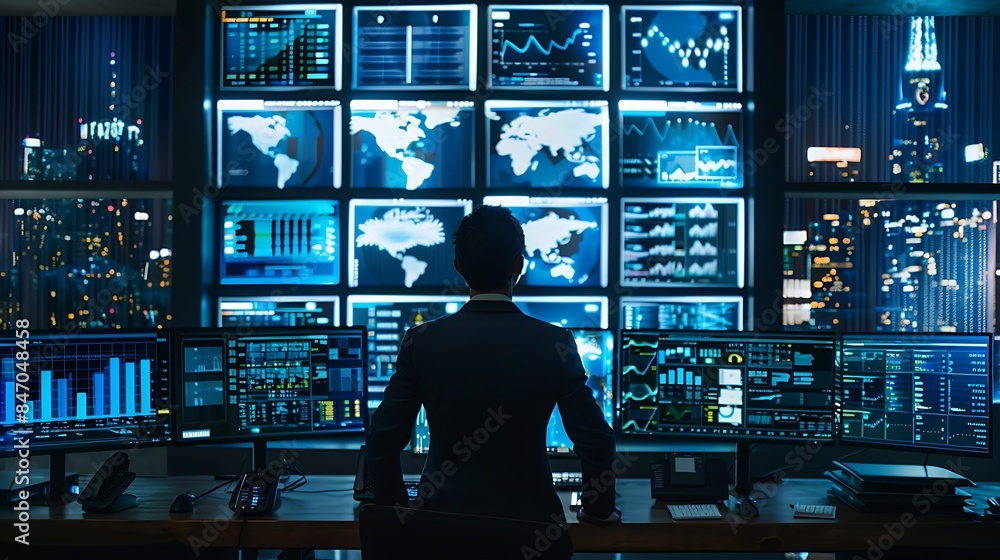 A high-tech command center displaying multiple screens with live cyber security updates, monitored by a faceless businessman. A high-tech command center displaying multiple screens with live cyber security updates, monitored by a faceless businessman.