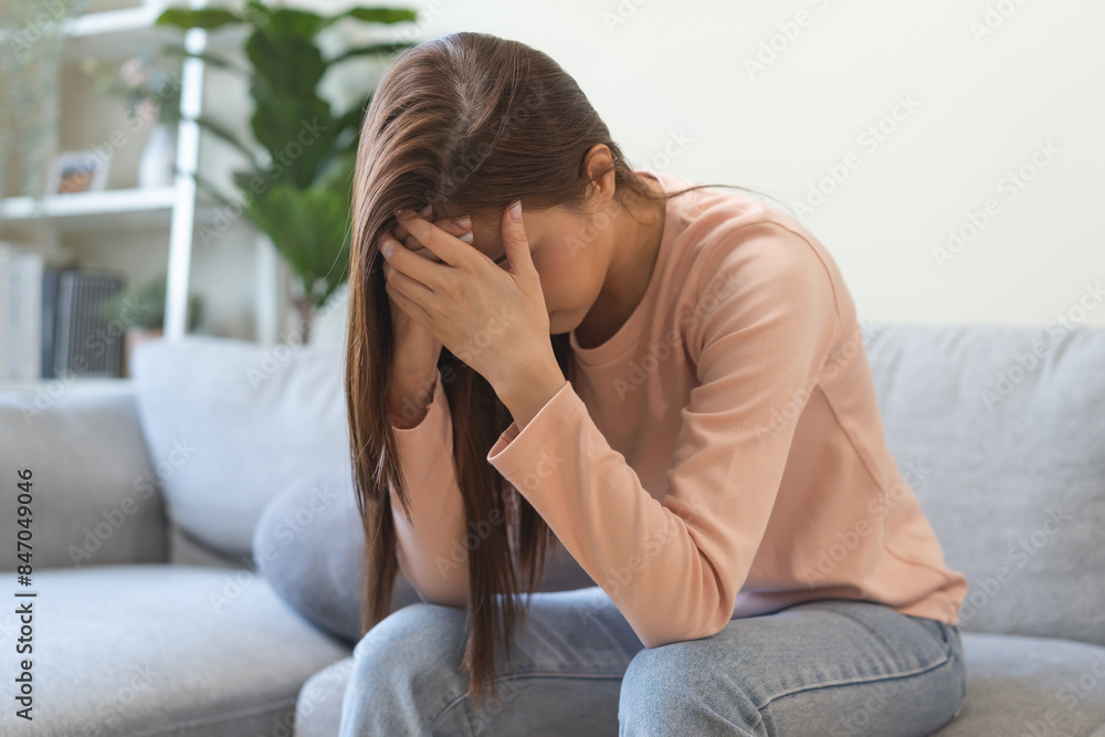 Sad, unhappy. Alone asian young woman, girl hand cover face thinking about problem, difficulty, feeling failure and exhausted, suffering from loneliness, grief sorrow and bad relationship or break up. Sad, unhappy. Alone asian young woman, girl hand cover face thinking about problem, difficulty, feeling failure and exhausted, suffering from loneliness, grief sorrow and bad relationship or break up.