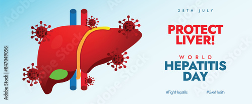World Hepatitis day 28th July awareness banner. Hepatitis day banner, social media post with liver infected by virus. Liver protection awareness campaign to get tested as early diagnosis can save live