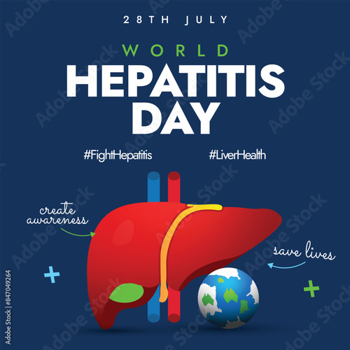 World Hepatitis day. 28th July World Hepatitis day awareness banner with liver, earth globe, arrows with text create awareness, save liver. The theme for 2024 is Hepatitis Can't Wait, get tested. 