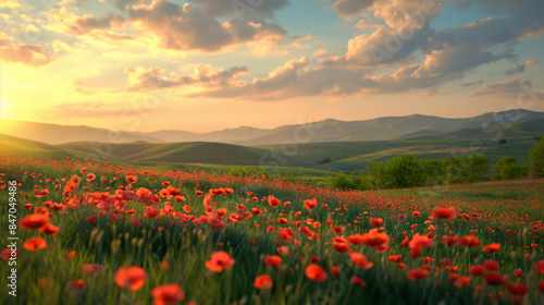 A hilly green summer field of wild flowers.