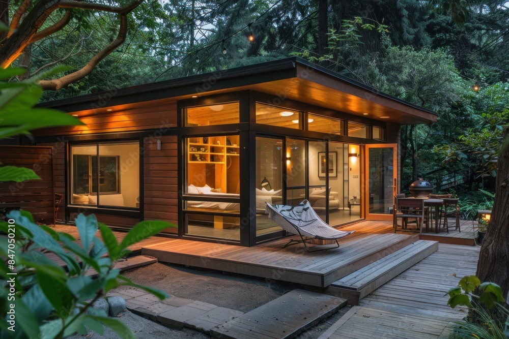 Modern, luxury home is glowing at twilight, nestled in a green forest