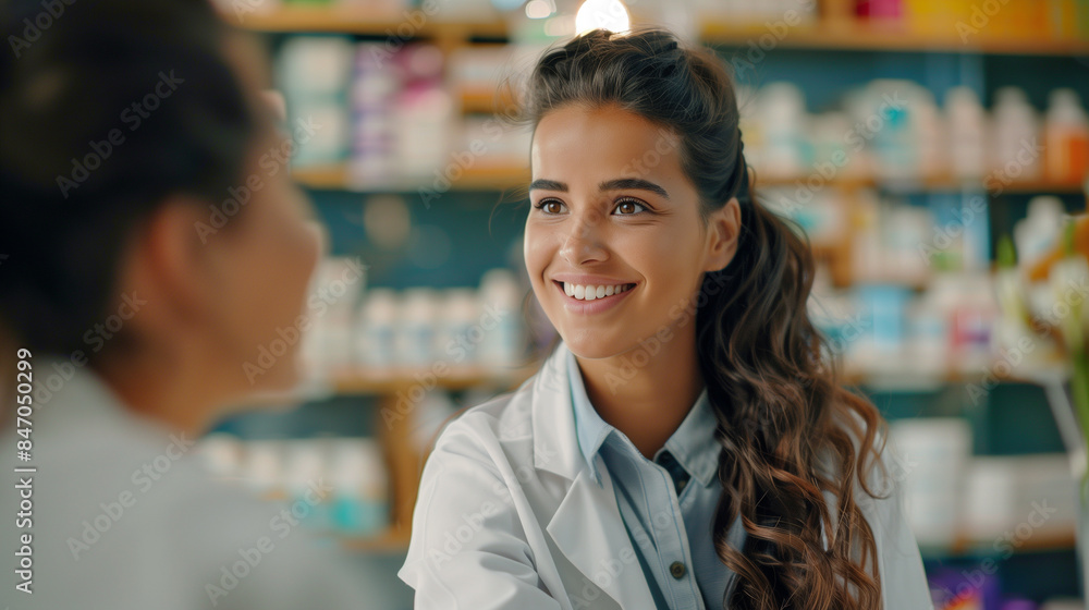 Smiling woman pharmacist, professional, master of her craft, gives advice to the client. Smiling woman pharmacist, professional, master of her craft, gives advice to the client.