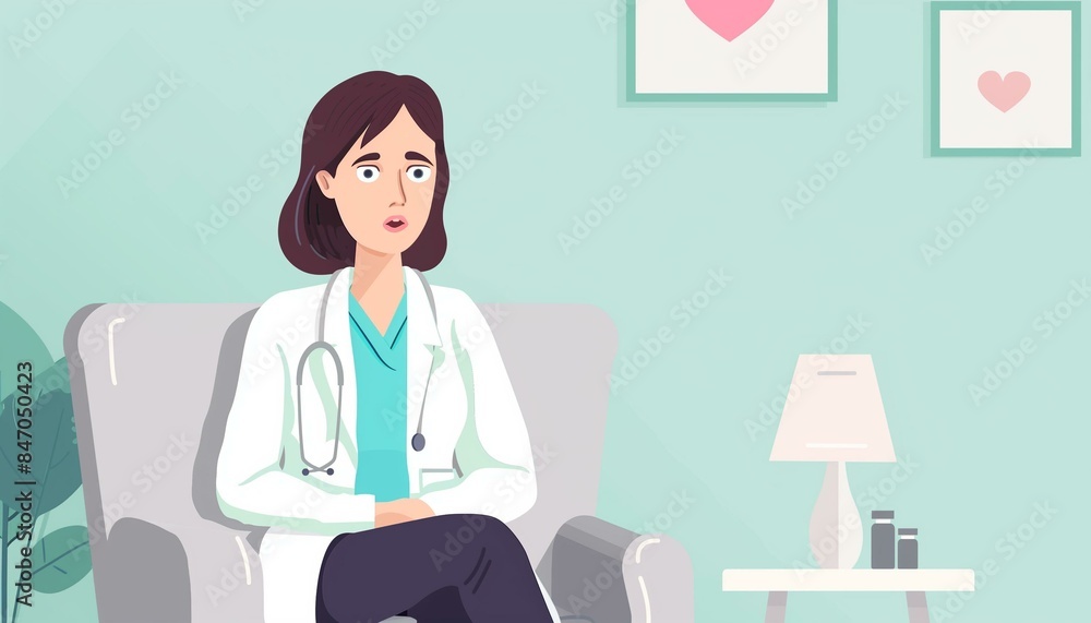 Female Doctor in Consultation Room with Stethoscope and Thoughtful Expression Female Doctor in Consultation Room with Stethoscope and Thoughtful Expression