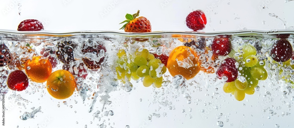 Fresh fruits tumbling into water and creating a splash, set against a white backdrop Fresh fruits tumbling into water and creating a splash, set against a white backdrop