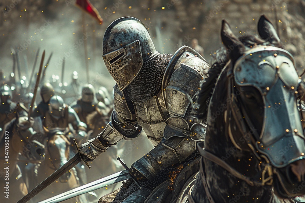 This image presents a detailed and realistic depiction of knights in armor mounted on horses, showcasing their fluid and precise movements as they engage in a dynamic duel This image presents a detailed and realistic depiction of knights in armor mounted on horses, showcasing their fluid and precise movements as they engage in a dynamic duel