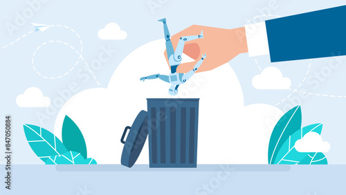The robot is lifted by a giant hand and will be put into a trash can. Harm of Artificial Intelligence. Failed experimental product. Will be thrown away and recycle. Vector illustration