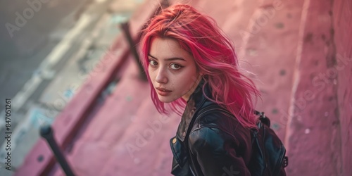 A woman with vibrant pink hair and a black leather jacket, perfect for alternative fashion or punk rock themed images photo