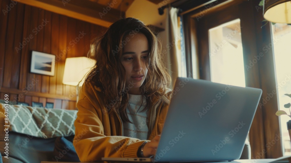 A person sitting in front of a laptop, possibly working or communicating A person sitting in front of a laptop, possibly working or communicating
