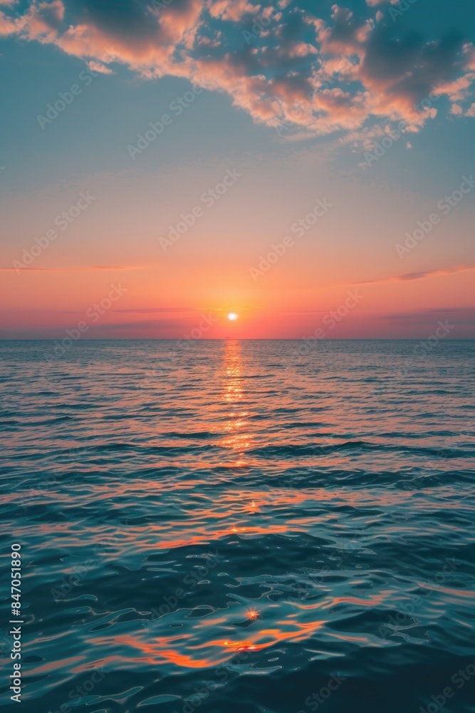 Obraz premium A serene scene of sunset over the ocean on a cloudy day, ideal for travel or nature-related themes