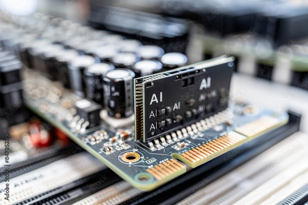 AI microchip on a motherboard, representing the integration of artificial intelligence in modern electronics AI microchip on a motherboard, representing the integration of artificial intelligence in modern electronics