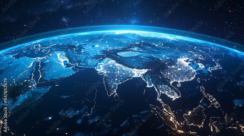 Glowing details of cities and human population density areas on a dark earth globe. 3D illustration. Glowing details of cities and human population density areas on a dark earth globe. 3D illustration.