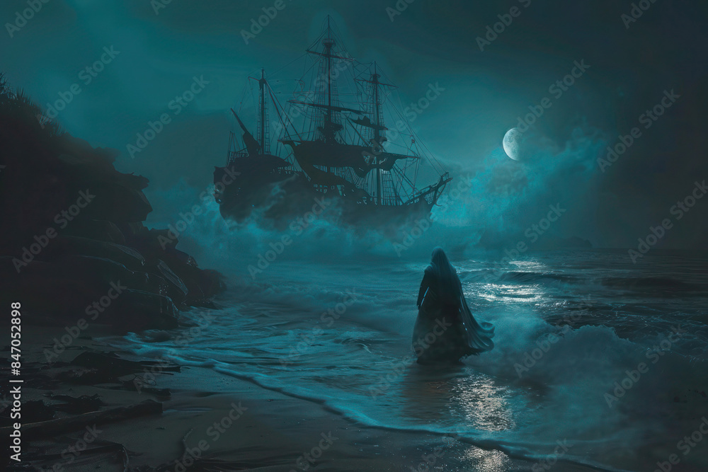 Pirate Ghost Emerging from Ocean Waves Near Haunted Caribbean Island with Ghost Ship Background Pirate Ghost Emerging from Ocean Waves Near Haunted Caribbean Island with Ghost Ship Background