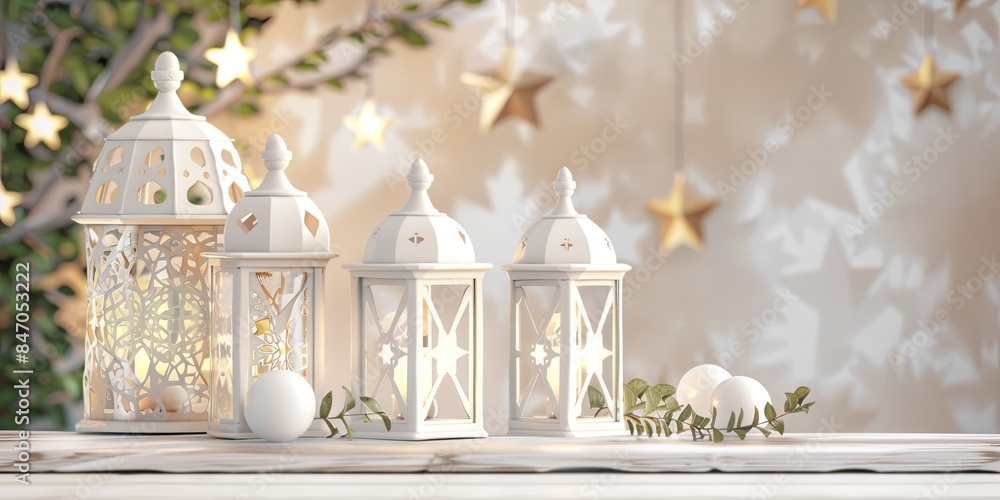 Artistic White Lanterns Minimalist Eid Setting Artistic White Lanterns Minimalist Eid Setting
