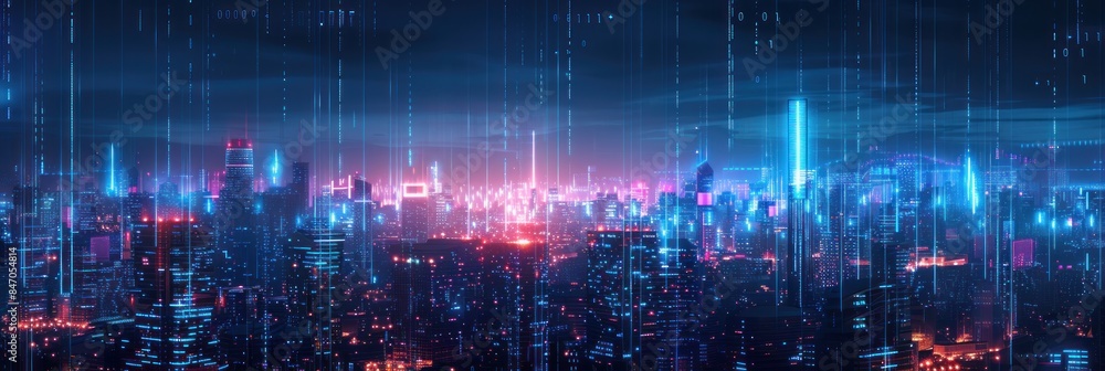Obraz premium Neon Cityscape with Digital Rain