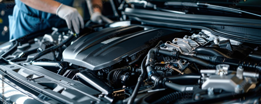 Car mechanic is working on broken engine in luxury car, car service banner. Generative Ai. Car mechanic is working on broken engine in luxury car, car service banner. Generative Ai.