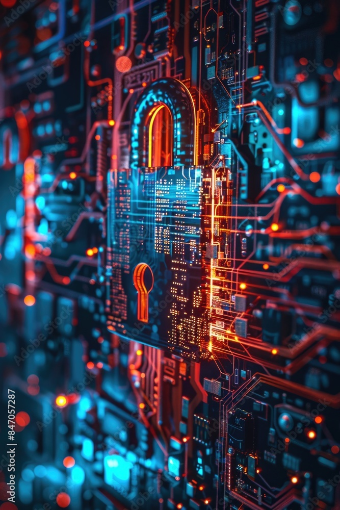 A close-up shot of a circuit board with a lock attached, great for technology and security-related projects A close-up shot of a circuit board with a lock attached, great for technology and security-related projects