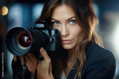 A woman holds a camera in front of her face, creating a self-portrait