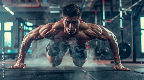 A muscular man performs a push-up exercise in a modern gym, with smoke or fog surrounding him.