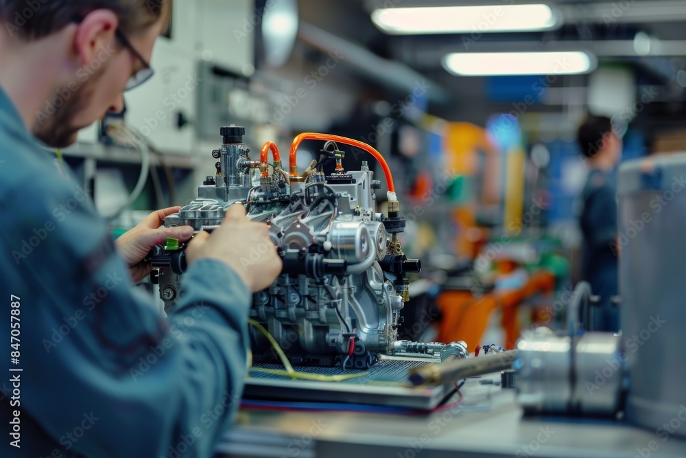 Mechanic Explaining Engine Repair Details Using Detailed Engine Model for Demonstration in Workshop Mechanic Explaining Engine Repair Details Using Detailed Engine Model for Demonstration in Workshop