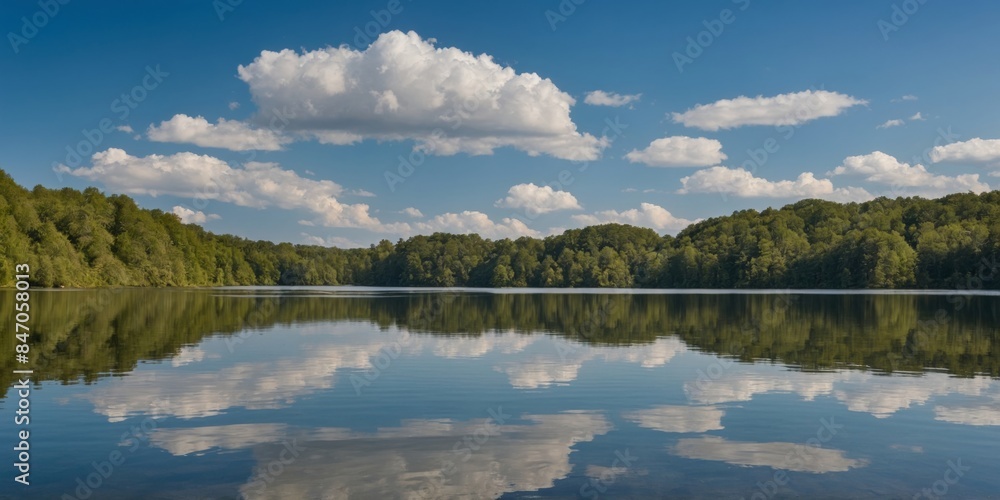 Naklejka premium Serene lake reflecting clouds and forest under a clear blue sky