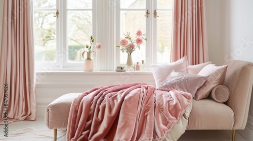 A pink velvet chaise lounge with a plush throw blanket, positioned near a window with natural light and a bouquet of pink flowers. photo