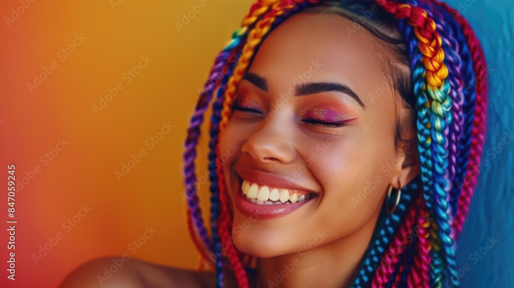 A portrait of a happy woman with vibrant dreadlocks, offering a warm and inviting smile A portrait of a happy woman with vibrant dreadlocks, offering a warm and inviting smile