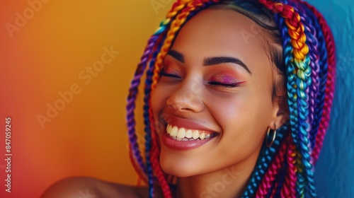 A portrait of a happy woman with vibrant dreadlocks, offering a warm and inviting smile