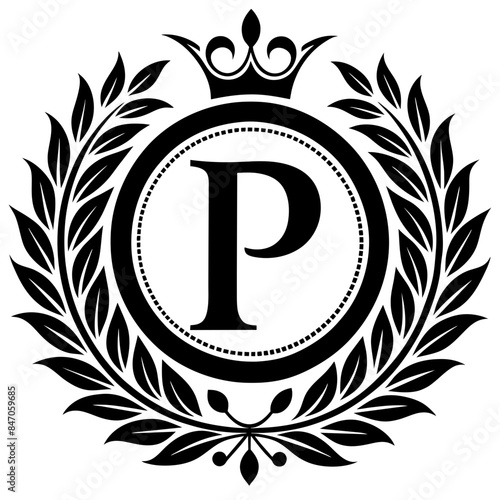 Baroque Style Gold 'P' Logo Ornament in Laurel Wreath Frame on White Background | Elegant Design