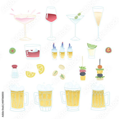 Objects from a brasserie. Drinks and snacks for a holiday, festival, meeting, day off, weekend, picnic. Set of glasses and mugs with alcoholic binge.