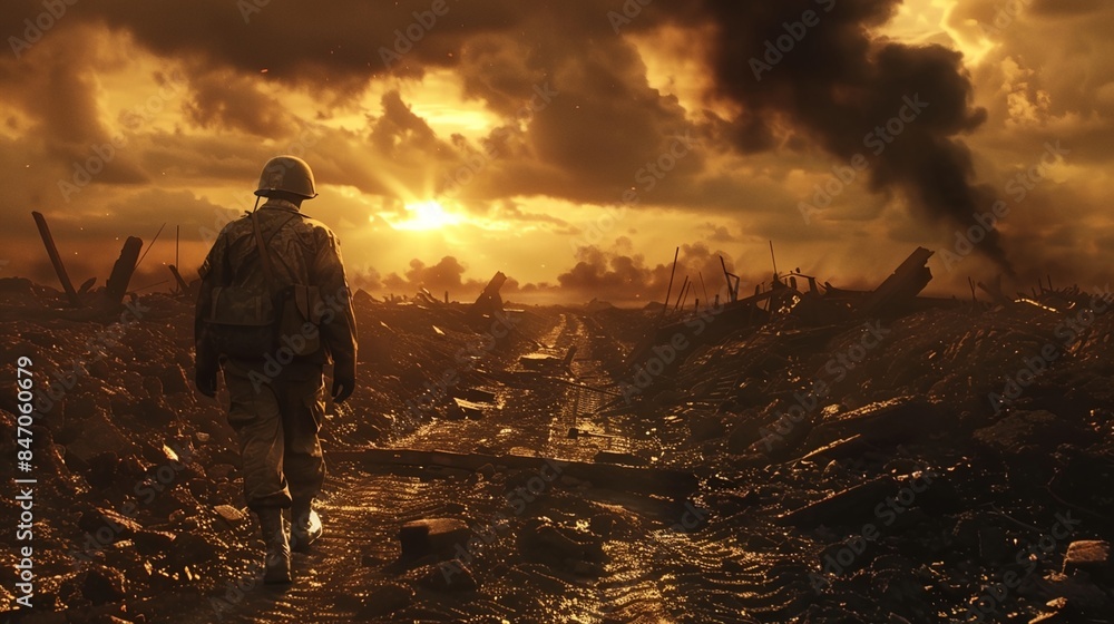 a man walking through a field with a lot of smoke in the background and a sun setting in the distance a man walking through a field with a lot of smoke in the background and a sun setting in the distance