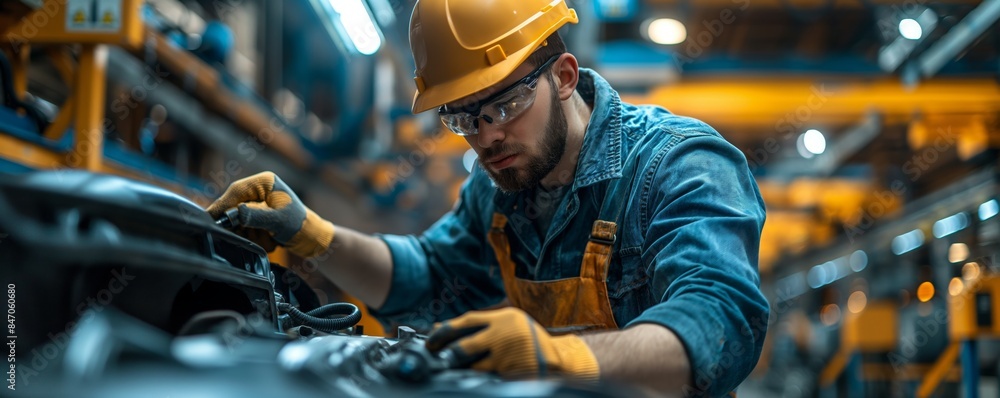 Mechanic working on car engine in garage Mechanic working on car engine in garage