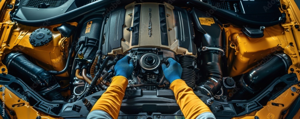Fototapeta premium Car mechanic is working on broken engine in luxury car, car service banner. Generative Ai.