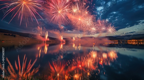 Fireworks show in sky by lake with water reflection for holiday celebration.