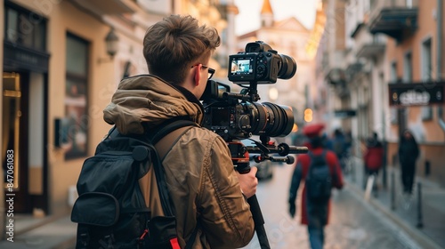 a man with a camera on a city street with people walking by in the background
