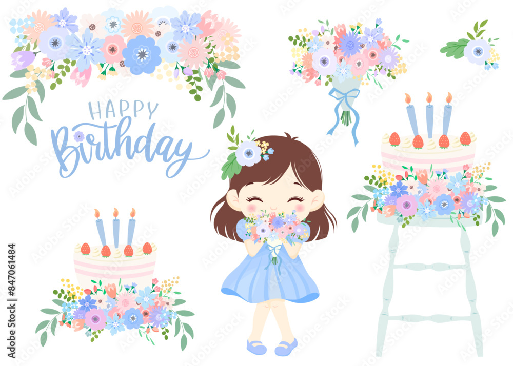 Birthday cake and girl clip art with blue color flowers. Happy Birthday