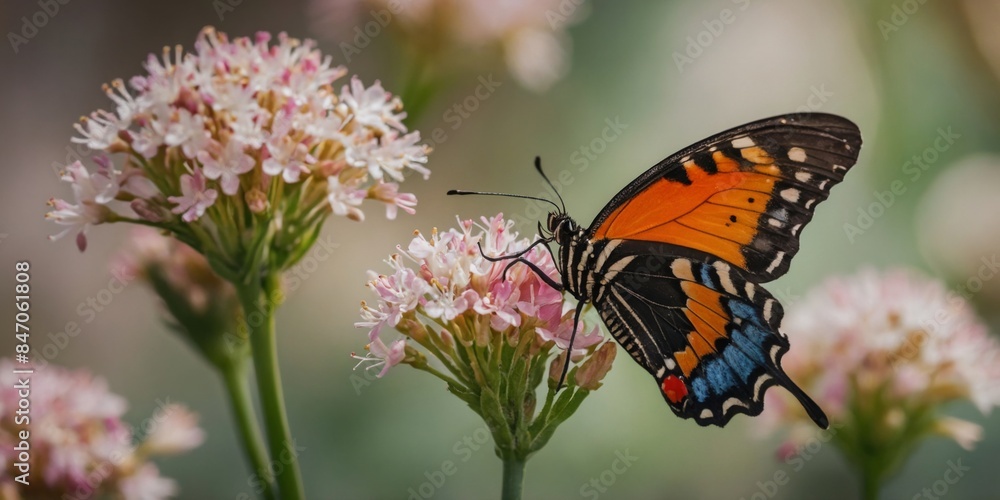 A striking image of a butterfly with orange and black wings perched on delicate pink flowers against a soft-focused background A striking image of a butterfly with orange and black wings perched on delicate pink flowers against a soft-focused background