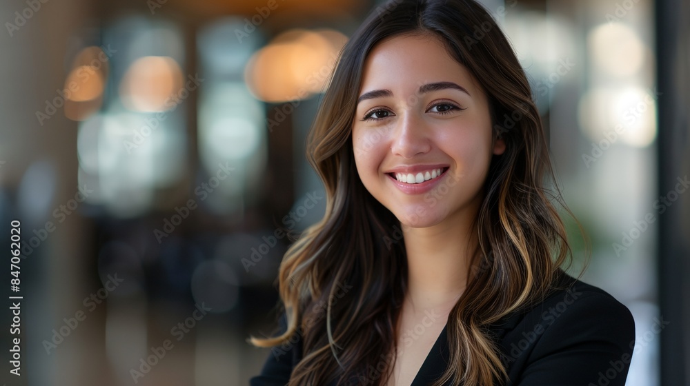 a woman with long hair smiling at the camera with a blurry background a woman with long hair smiling at the camera with a blurry background