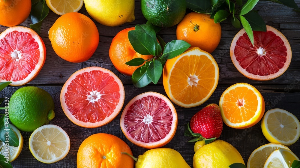 a bunch of citrus fruits are arranged on a table top with leaves a bunch of citrus fruits are arranged on a table top with leaves