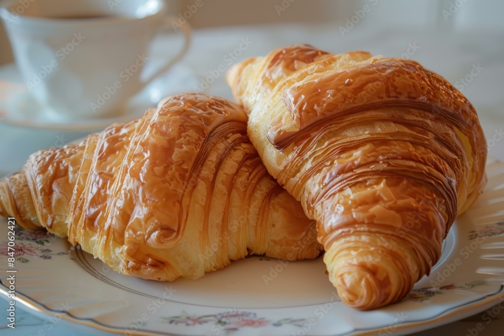 Two delicious croissants are sitting on a plate with a cup of coffee nearby Two delicious croissants are sitting on a plate with a cup of coffee nearby