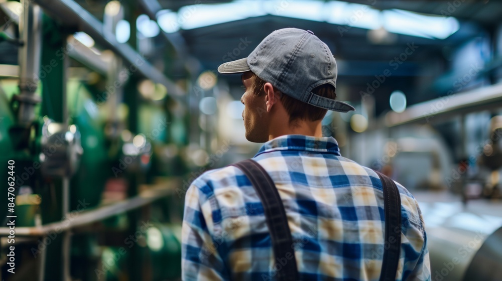 a man wearing a hat looks at a machine in a factory a man wearing a hat looks at a machine in a factory