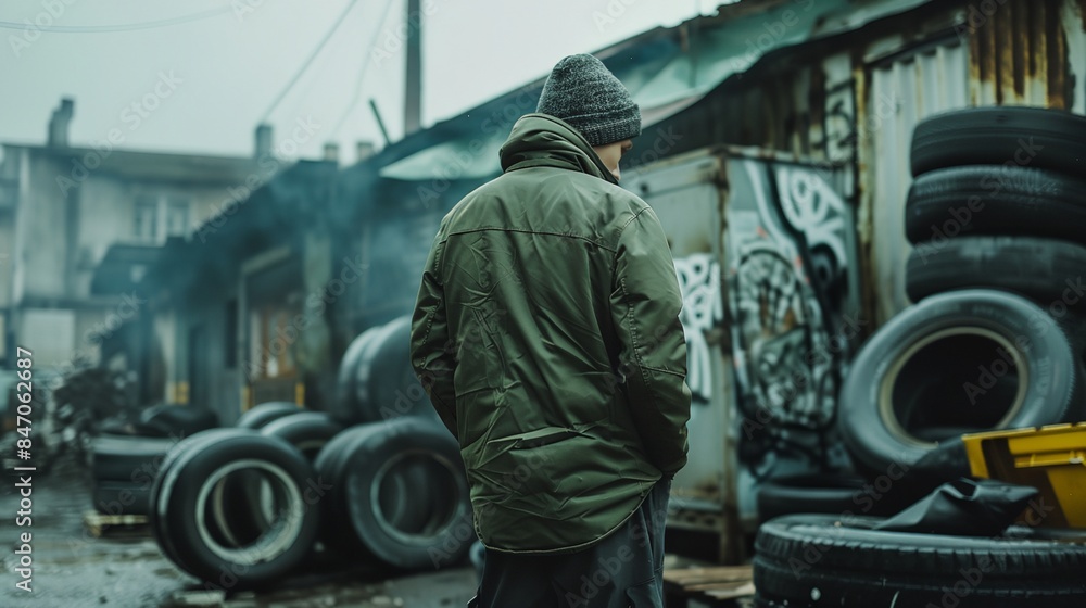 a man standing in front of a pile of tires in a yard with a building in the background a man standing in front of a pile of tires in a yard with a building in the background