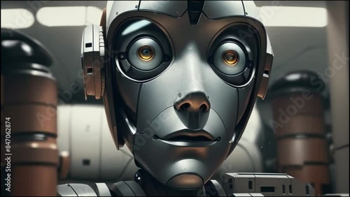 Close-up of a futuristic robot with detailed mechanical features, displaying a humanoid face and expressive eyes in an industrial setting. Vertical video