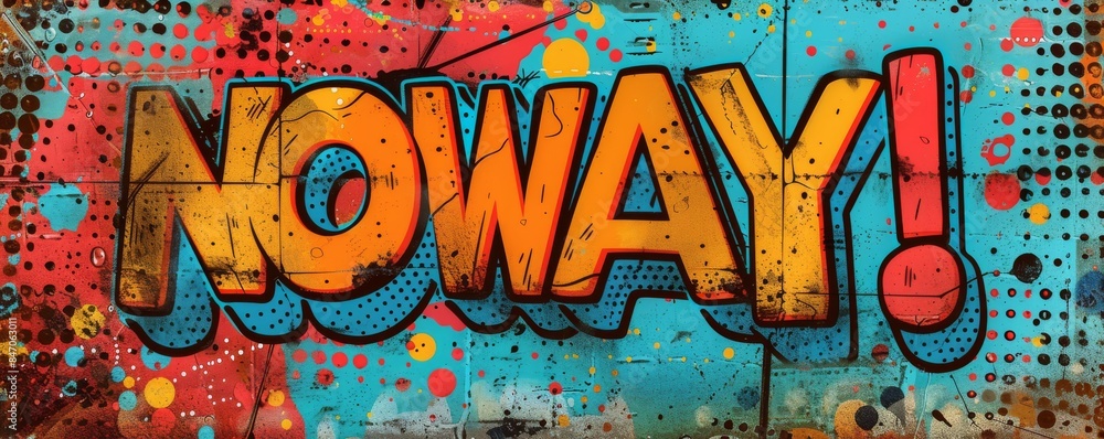 Fototapeta premium Colorful graffiti mural with the word NOWAY in bubble text against a dotted urban background